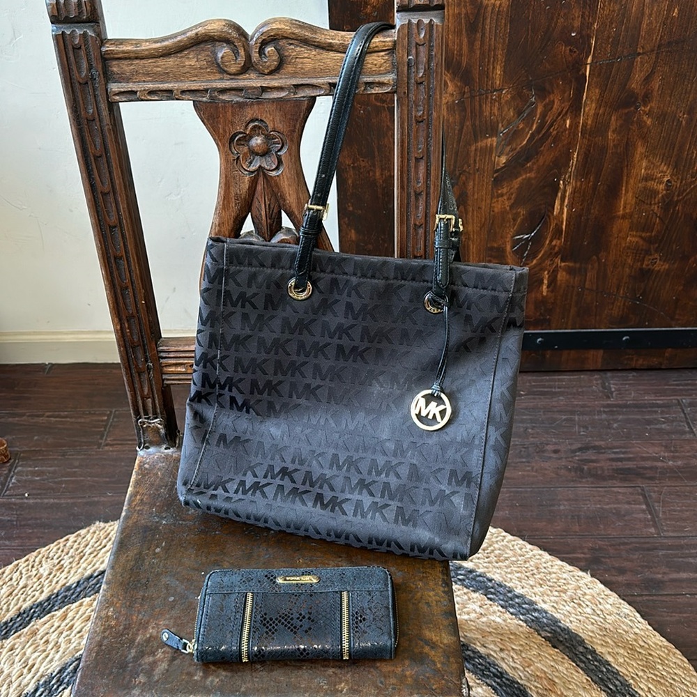 Black and gold Michael Kors purse and wallet (snake skin metallic print)